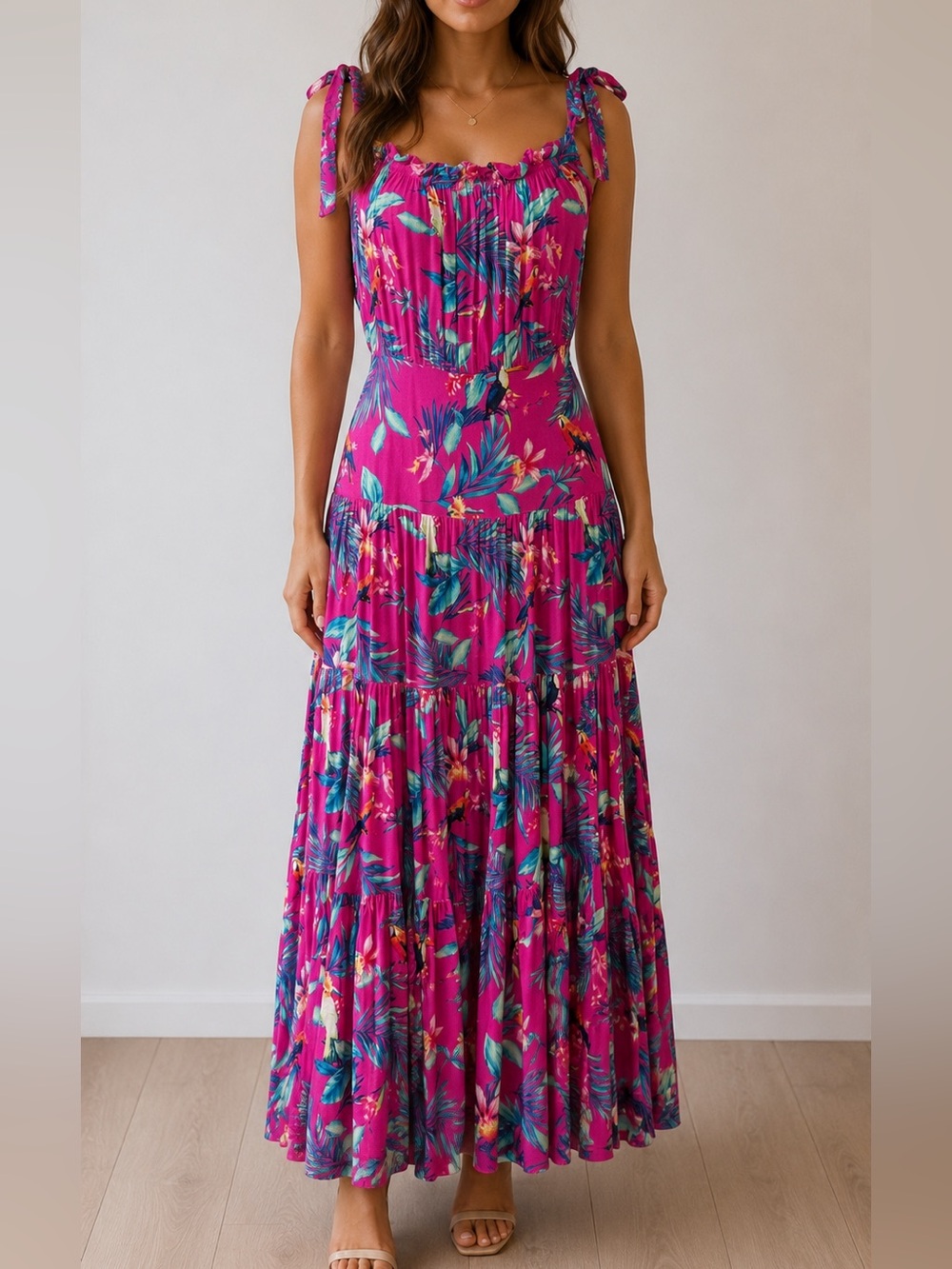 Sixdo Tropical Floral Tiered Maxi Dress Tie Strap Pink Green XL
